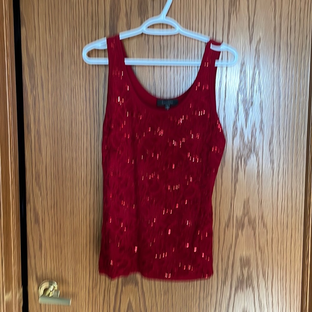 Red, Karen Kane sequinned tank top, never worn, size medium.